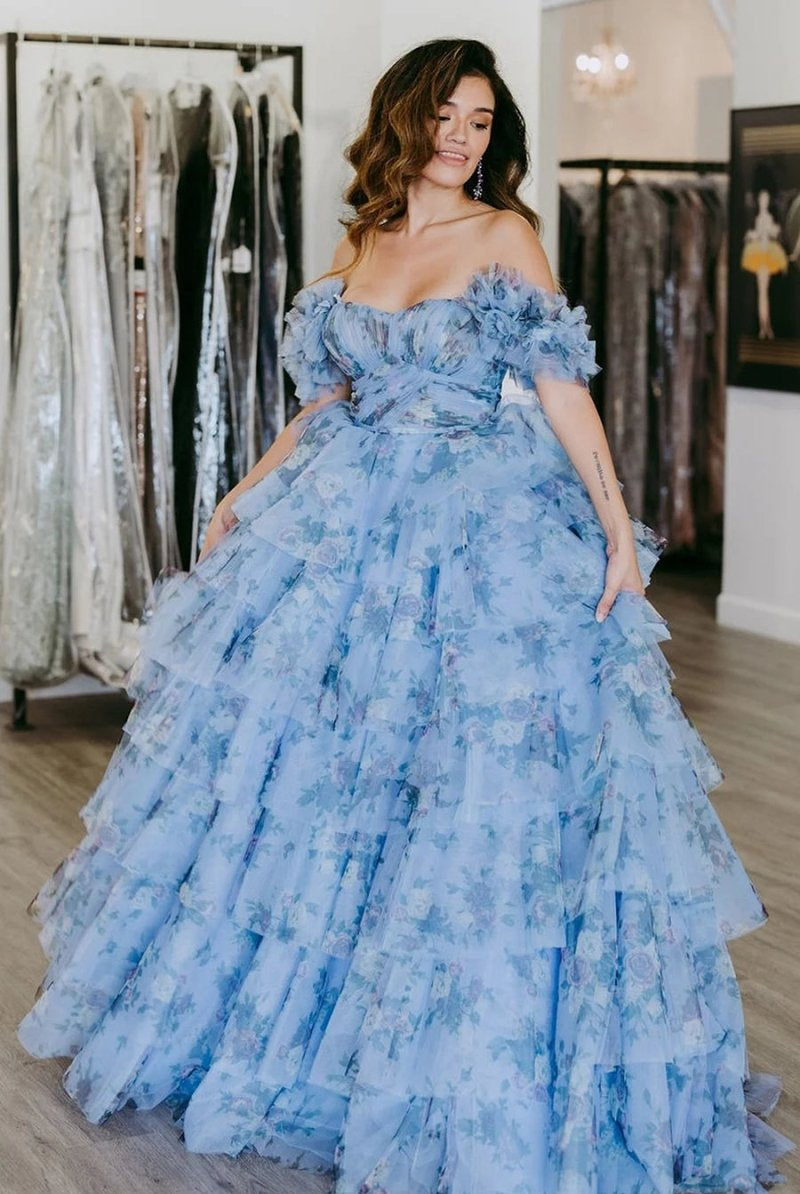 Sigourney | Blue Floral Tiered A-Line Long Prom Dress with Ruffles