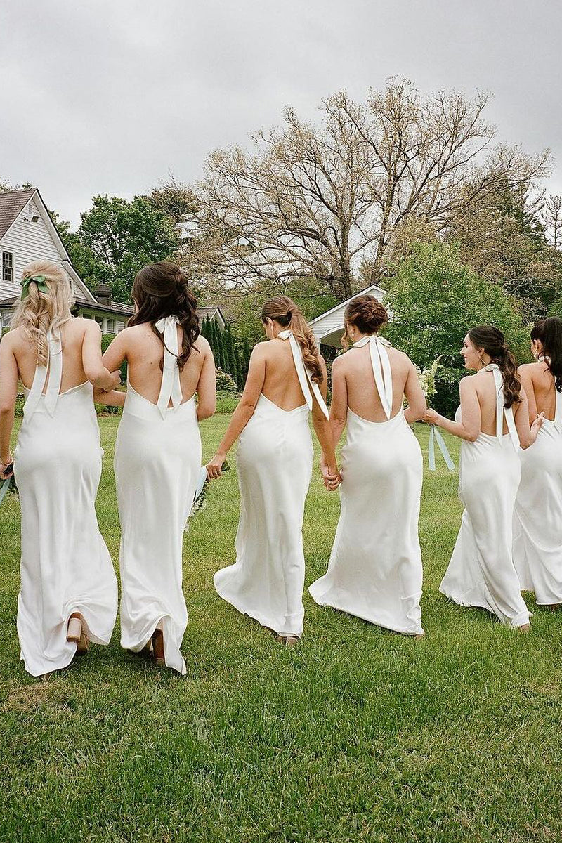 Sheath Halter White Silk Satin Long Bridesmaid Dresses