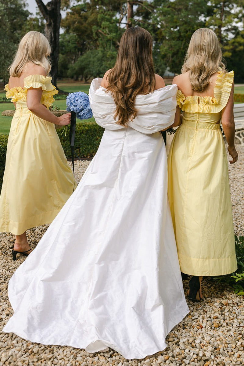 Yellow Off the Shoulder Ruffle Satin Ankle Length Bridesmaid Dresses