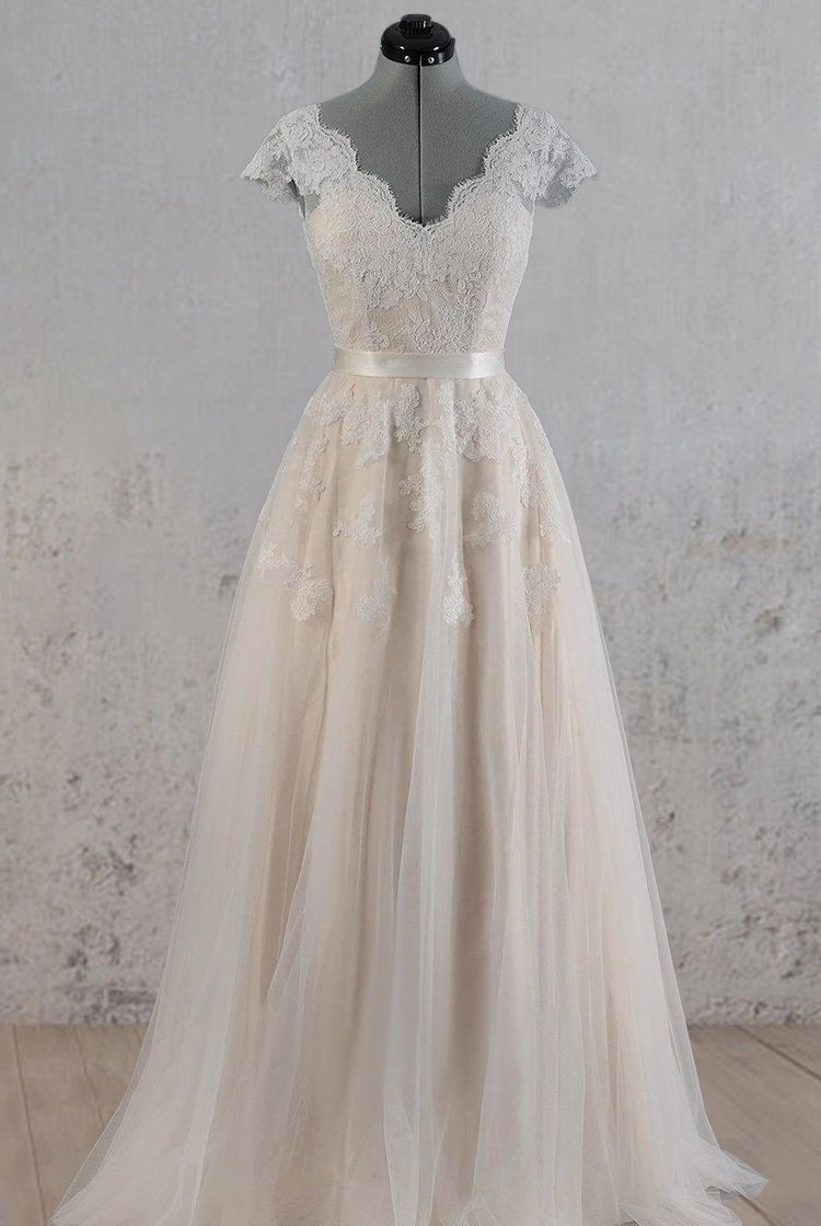 Cap Sleeve V-Neck Lace Wedding Dress With Tulle Skirt and V-Back