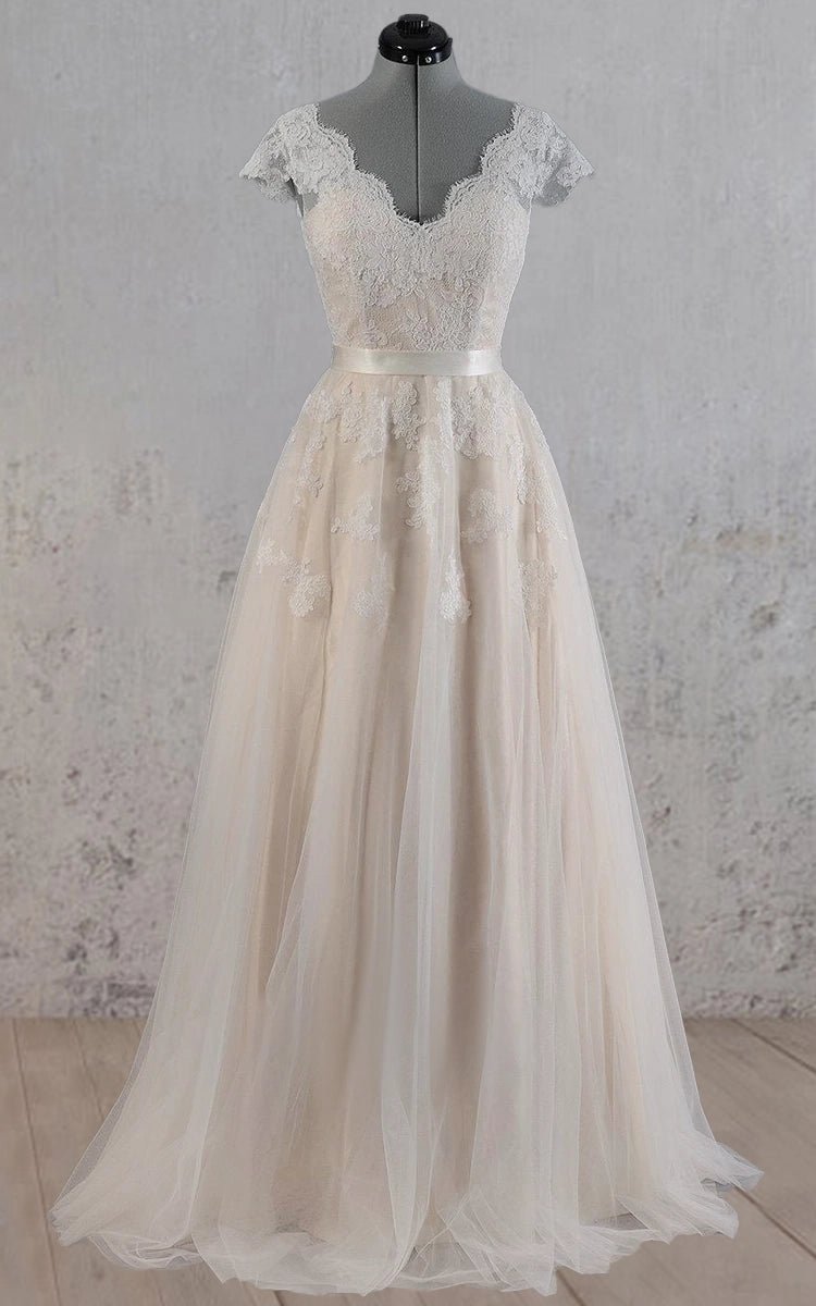 Cap Sleeve V-Neck Lace Wedding Dress With Tulle Skirt and V-Back