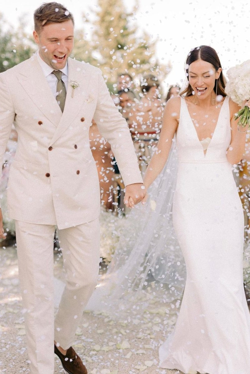 Elegant Mermaid V Neck Satin Long Wedding Dresses with Train