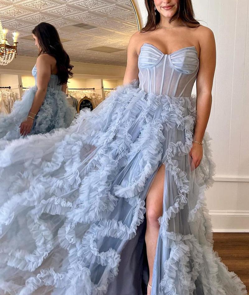 A-Line Strapless Slit Dreamy Gown With Ruffle Plum main image 1