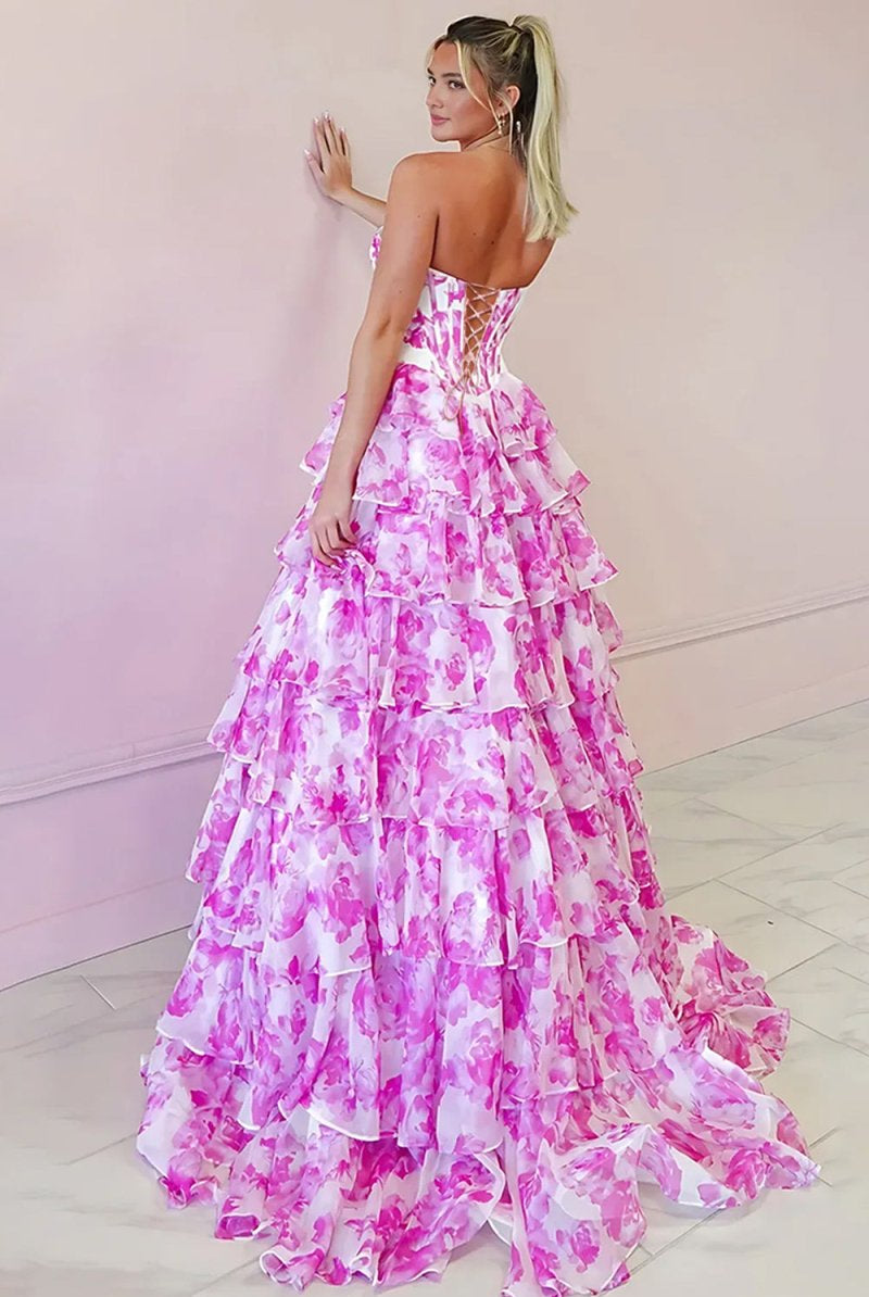 KissProm-Ceeylo Pink A - Line Floral Chiffon Strapless Ruffled Beaded Long Prom Dresses with Slit