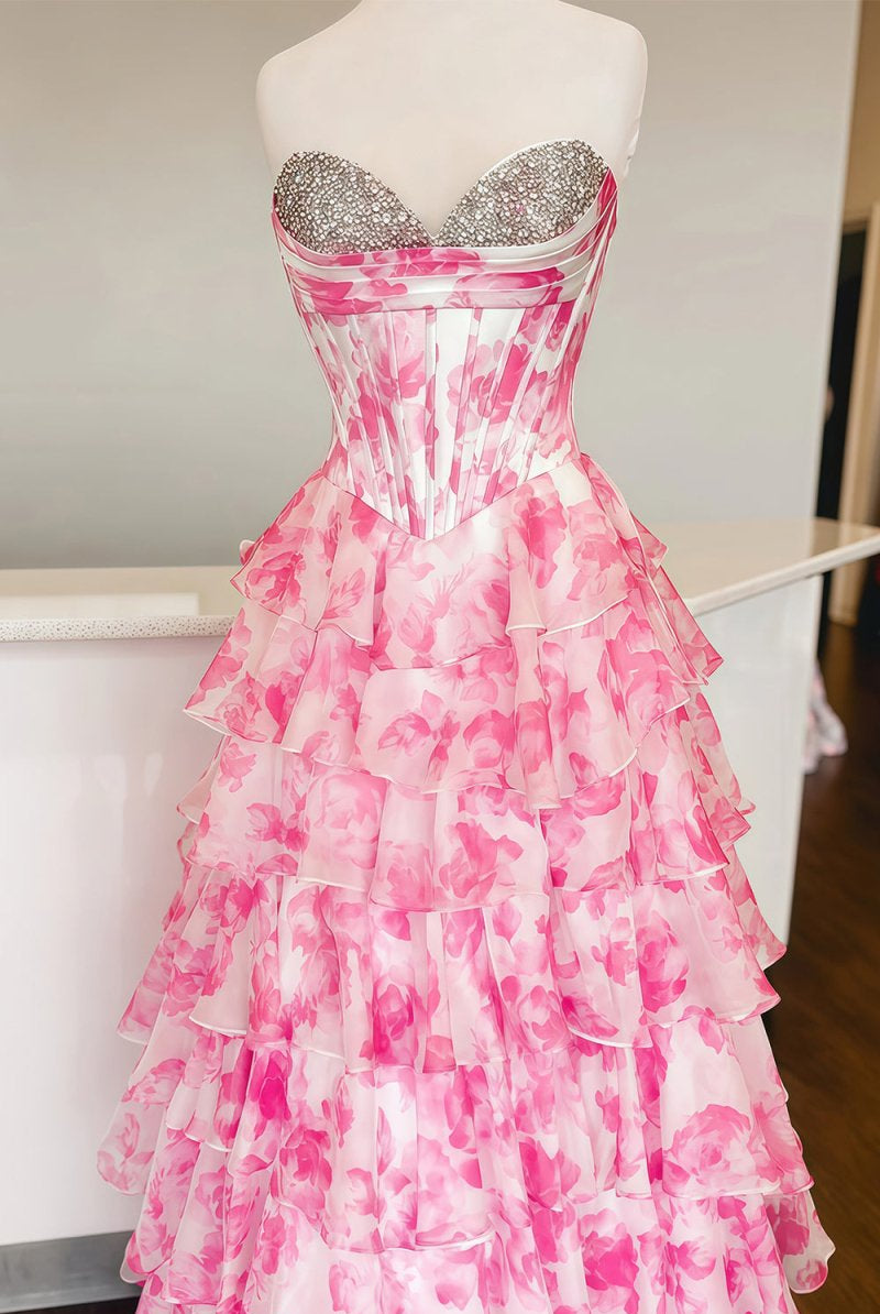 KissProm-Ceeylo Pink A - Line Floral Chiffon Strapless Ruffled Beaded Long Prom Dresses with Slit