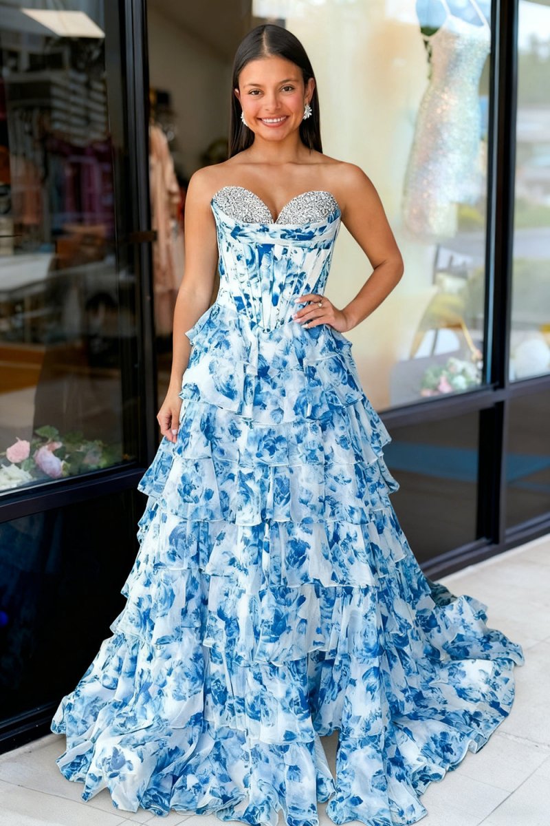 KissProm-Ceeylo Sky Blue A - Line Floral Chiffon Strapless Ruffled Beaded Long Prom Dresses with Slit