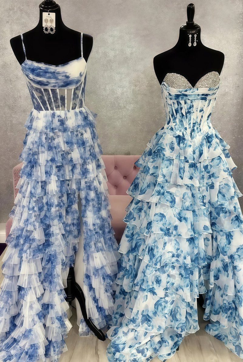 KissProm-Ceeylo Sky Blue A - Line Floral Chiffon Strapless Ruffled Beaded Long Prom Dresses with Slit
