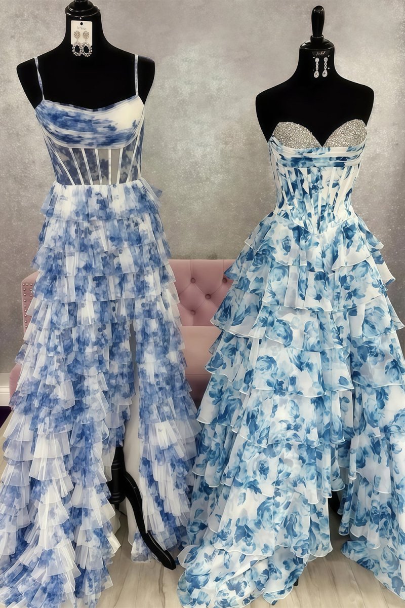 KissProm-Ceeylo Sky Blue A - Line Floral Chiffon Strapless Ruffled Beaded Long Prom Dresses with Slit