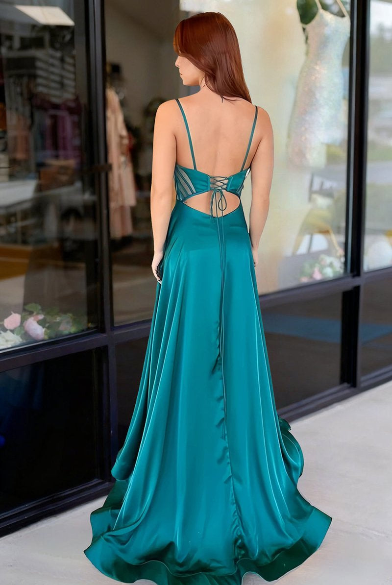 KissProm-Celaia Emerald A Line Spaghetti Straps Satin Long Prom Dresses With Slit