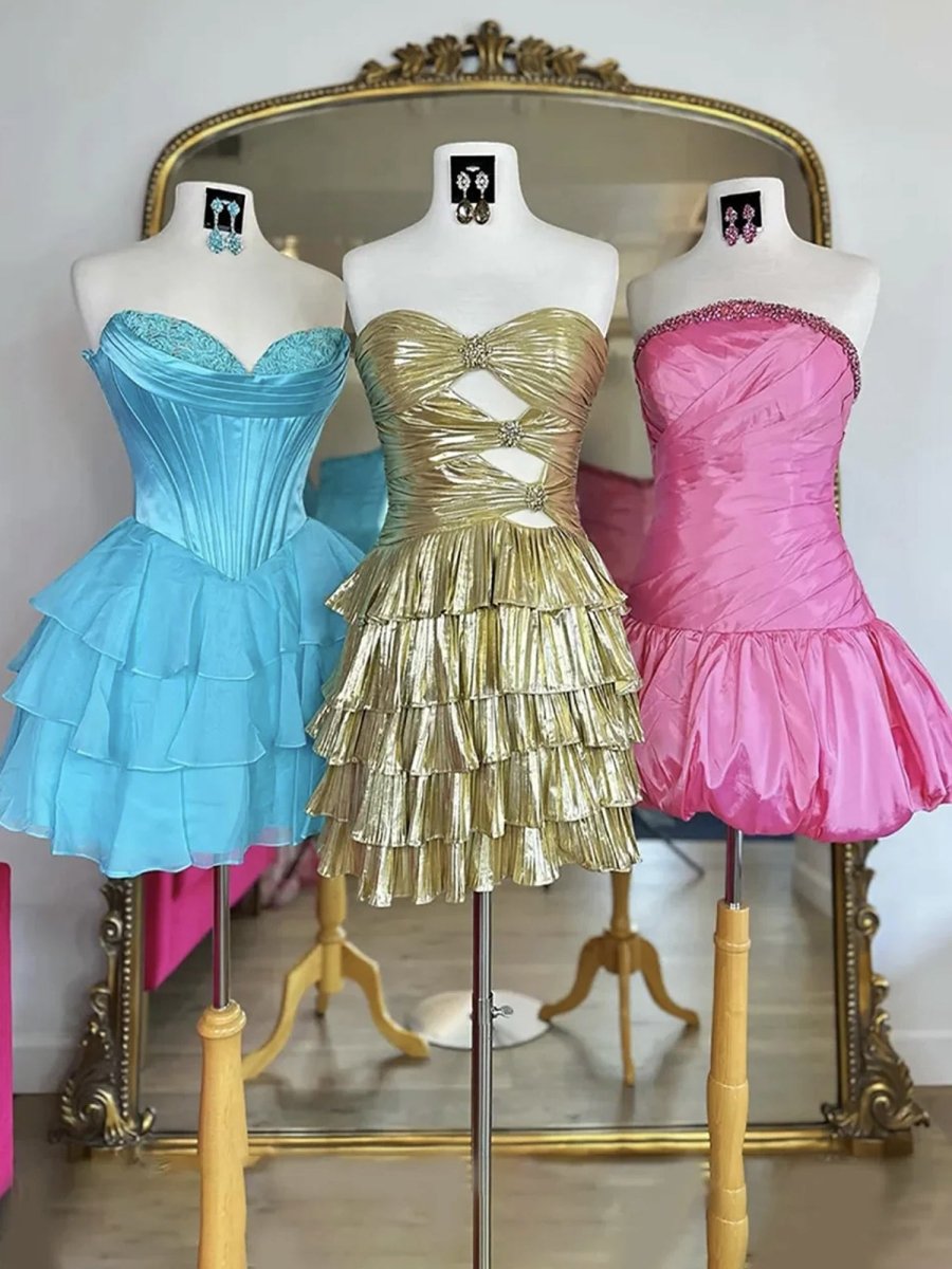 Celandine | Gold - Strapless A Line Metallic Tiered Homecoming Dress With Beading