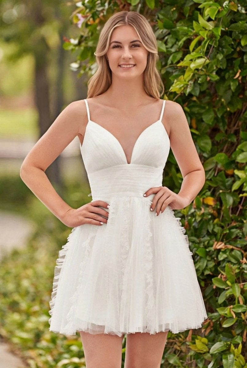 Celeste | A - Line Deep V Neck Ruched Short Homecoming Dress - KissProm