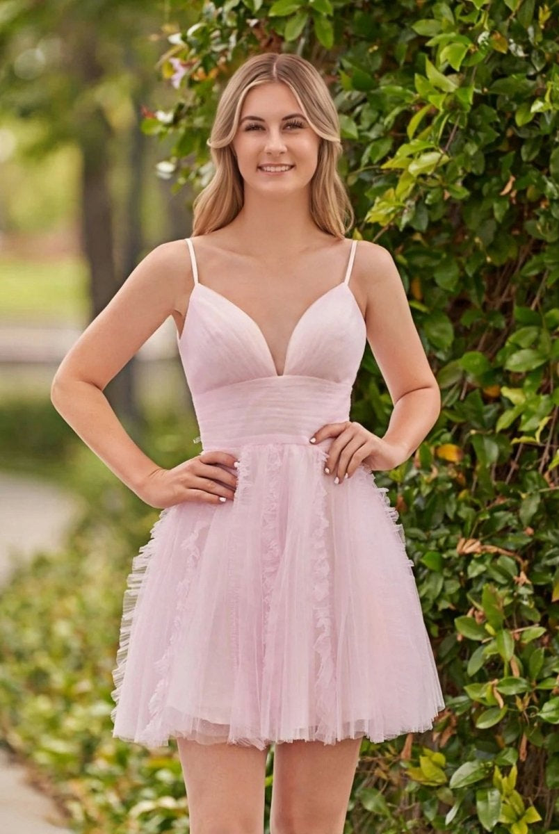 Celeste | A - Line Deep V Neck Ruched Short Homecoming Dress - KissProm
