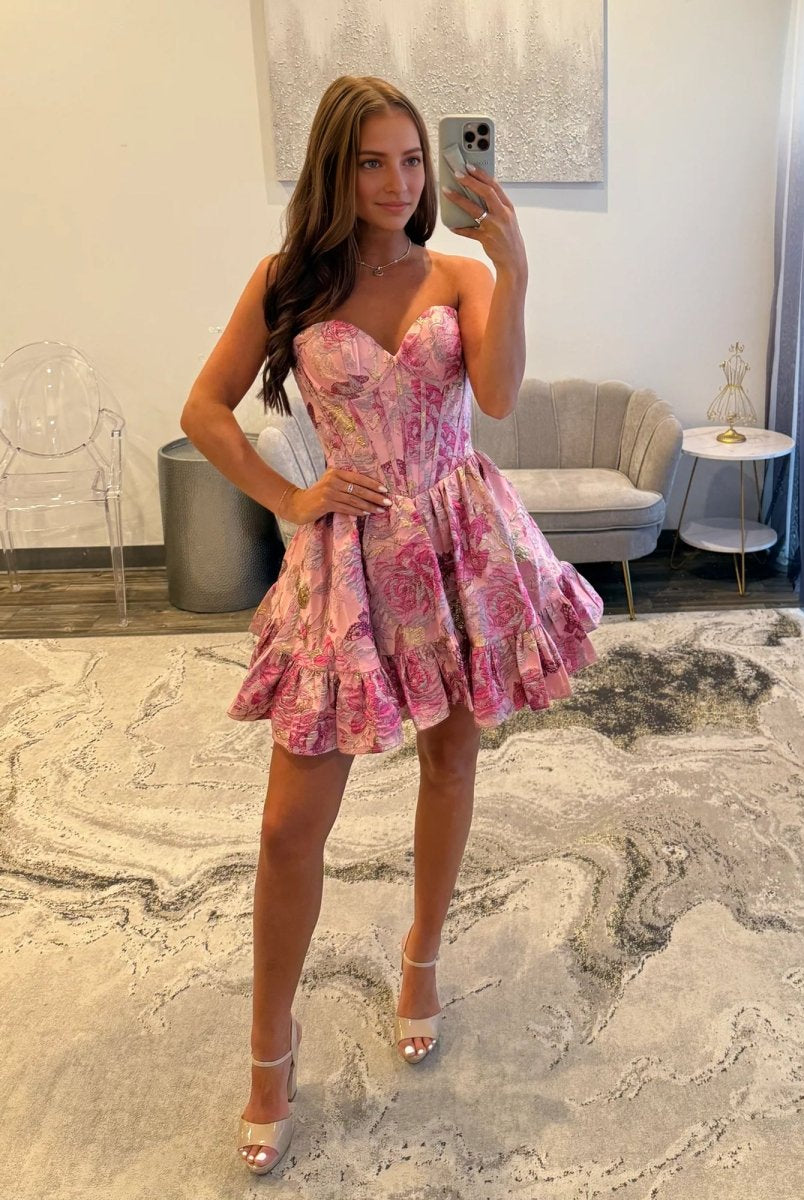 Celestina | Pink - A Line Sweetheart Brocade Textured Corset Homecoming Dresses with Ruffles