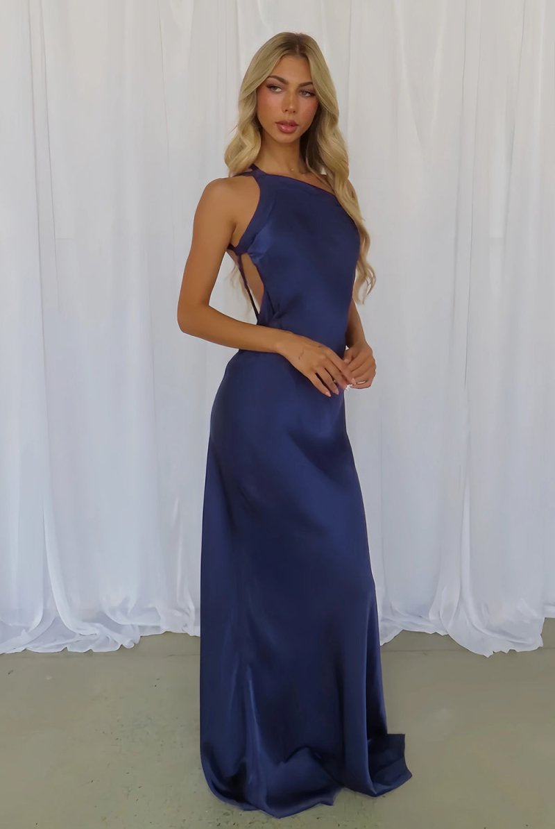Celvany | Navy Blue - One Shoulder Sheath Satin Backless Long Prom Dresses - KissProm