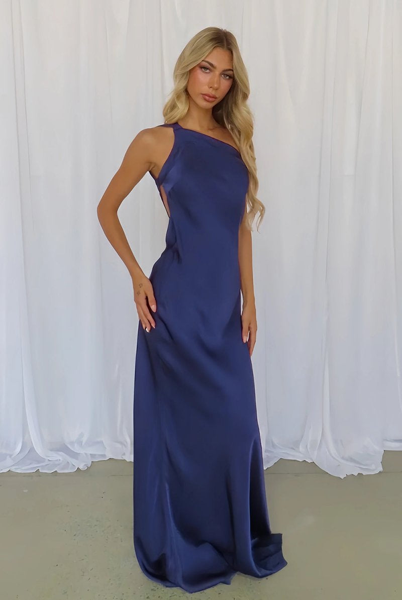 Celvany | Navy Blue - One Shoulder Sheath Satin Backless Long Prom Dresses - KissProm