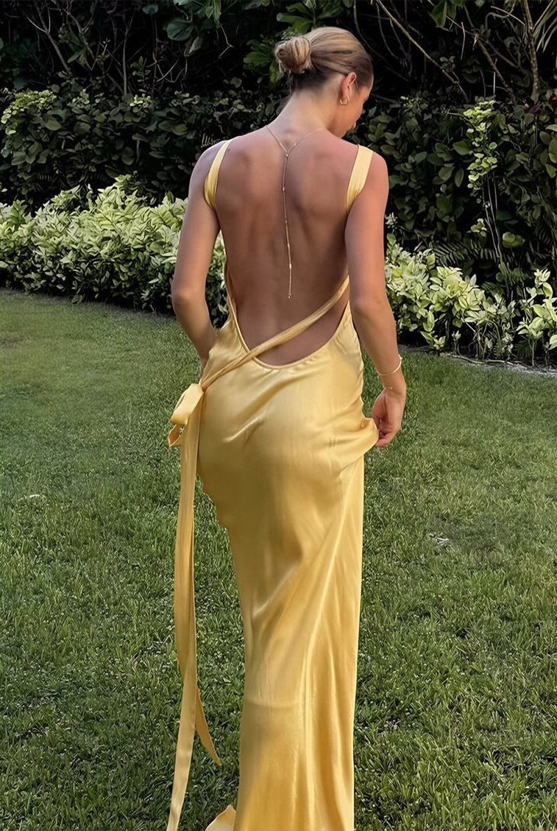 Celvany | Yellow - One Shoulder Sheath Satin Backless Long Prom Dresses - KissProm