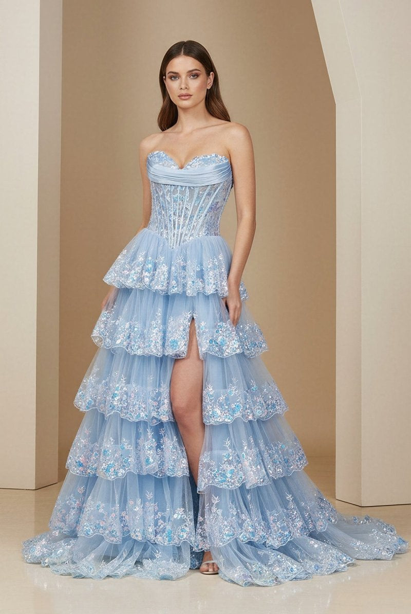 Ceriel | Sky Blue - Strapless A Line Sequined Lace Long Formal Prom Dresses With Ruffles - KissProm