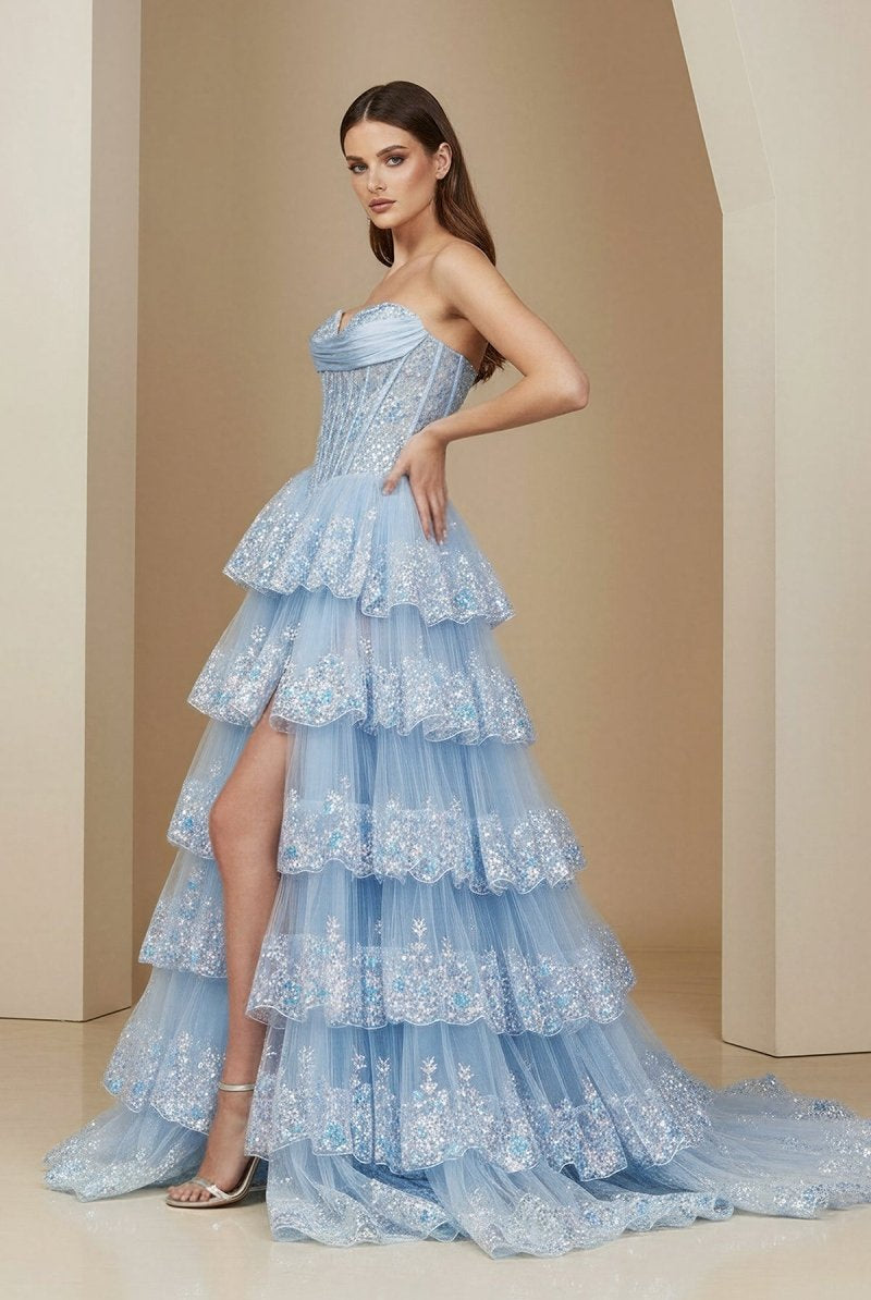 Ceriel | Sky Blue - Strapless A Line Sequined Lace Long Formal Prom Dresses With Ruffles - KissProm
