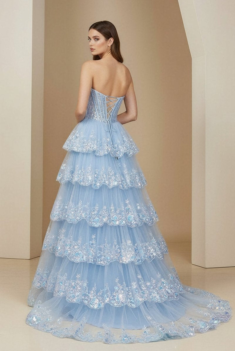 Ceriel | Sky Blue - Strapless A Line Sequined Lace Long Formal Prom Dresses With Ruffles - KissProm