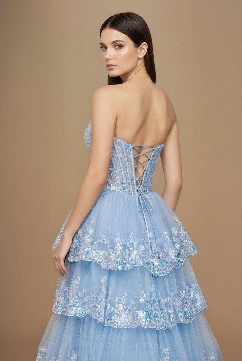 Ceriel | Sky Blue - Strapless A Line Sequined Lace Long Formal Prom Dresses With Ruffles - KissProm