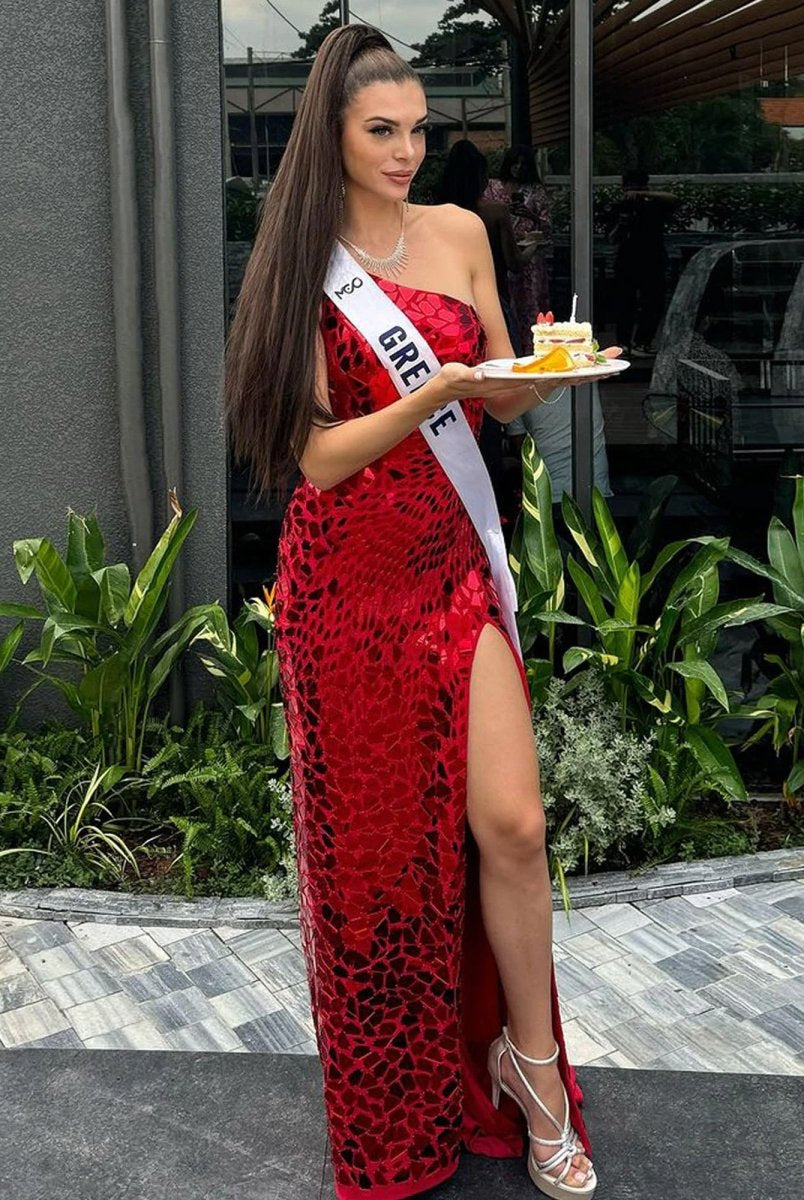 Cerissa | Red Mermaid One Shoulder Long Prom Dresses With Sequins - KissProm