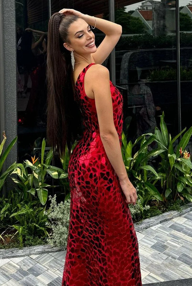 Cerissa | Red Mermaid One Shoulder Long Prom Dresses With Sequins - KissProm