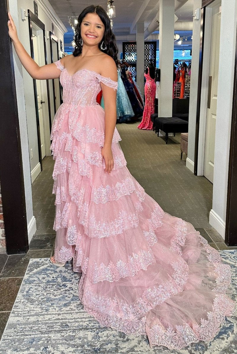 Ceryn | Pink Sequin Appliques Off - the - Shoulder Ruffle Tiered Long Gown - KissProm