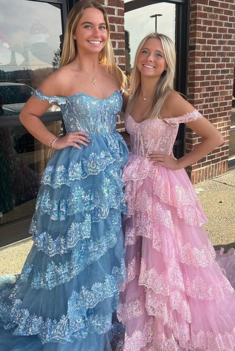 Ceryn | Pink Sequin Appliques Off - the - Shoulder Ruffle Tiered Long Gown - KissProm