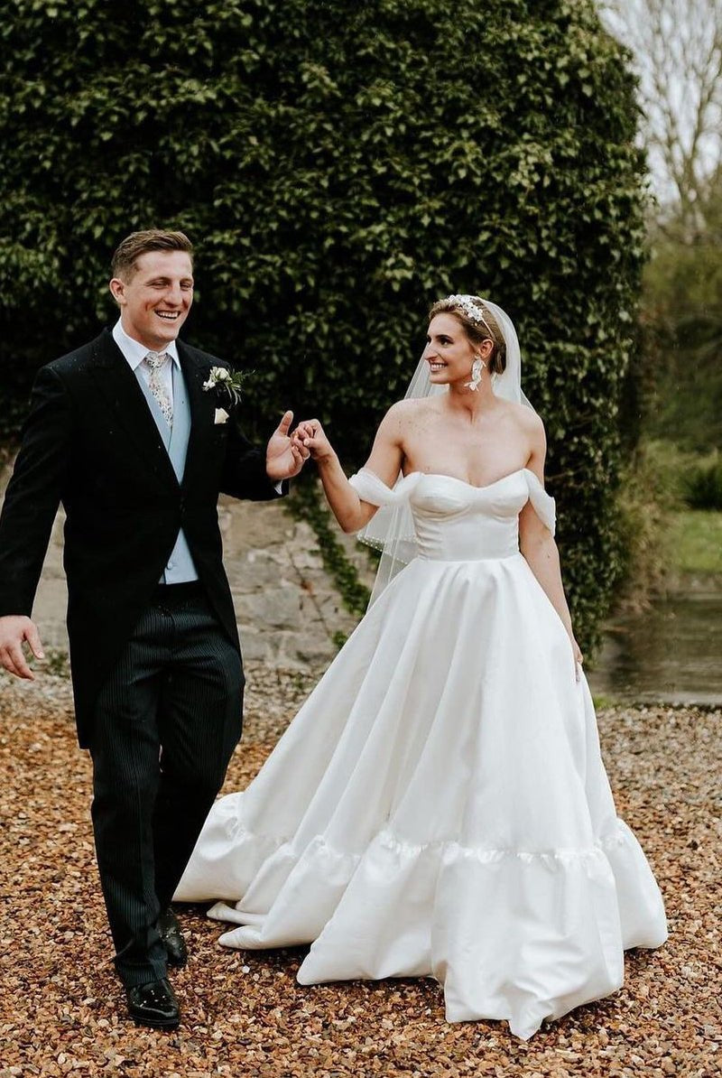 A - Line White Satin Off the Shoulder Wedding Dresses - KissProm