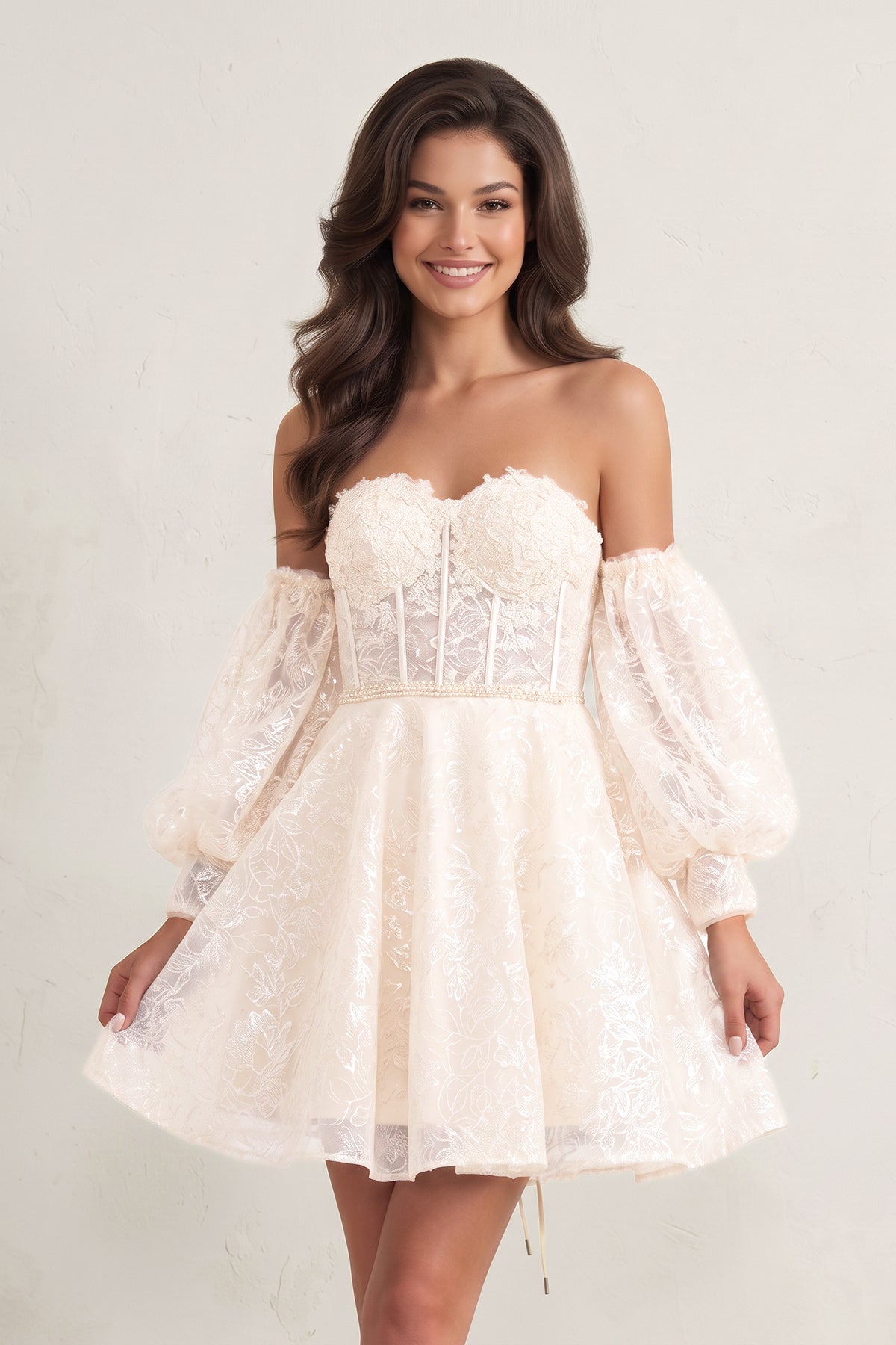 KissProm A Line Sweetheart Corset Homecoming Dress with Sleeves, Champagne / 6