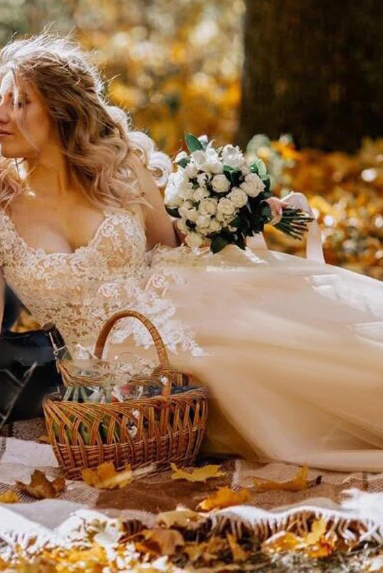 Champagne Corset Lace Appliques Tulle Wedding Dresses Floor Length Without Train - KissProm