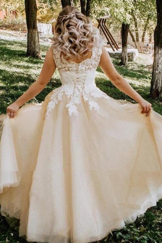 Champagne Corset Lace Appliques Tulle Wedding Dresses Floor Length Without Train - KissProm