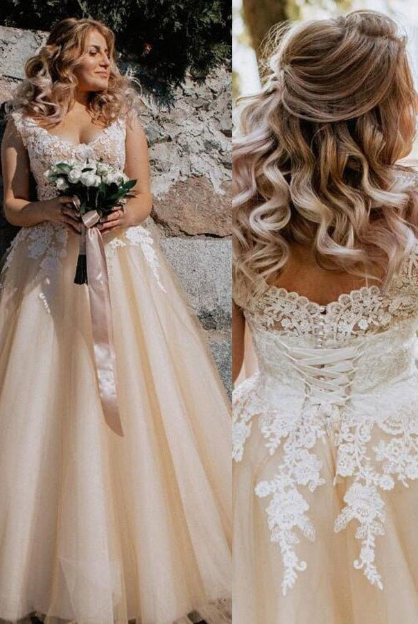 Champagne Corset Lace Appliques Tulle Wedding Dresses Floor Length Without Train - KissProm