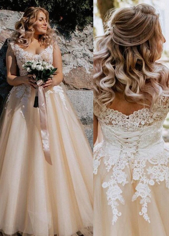 Champagne Corset Lace Appliques Tulle Wedding Dresses Floor Length Without Train - KissProm