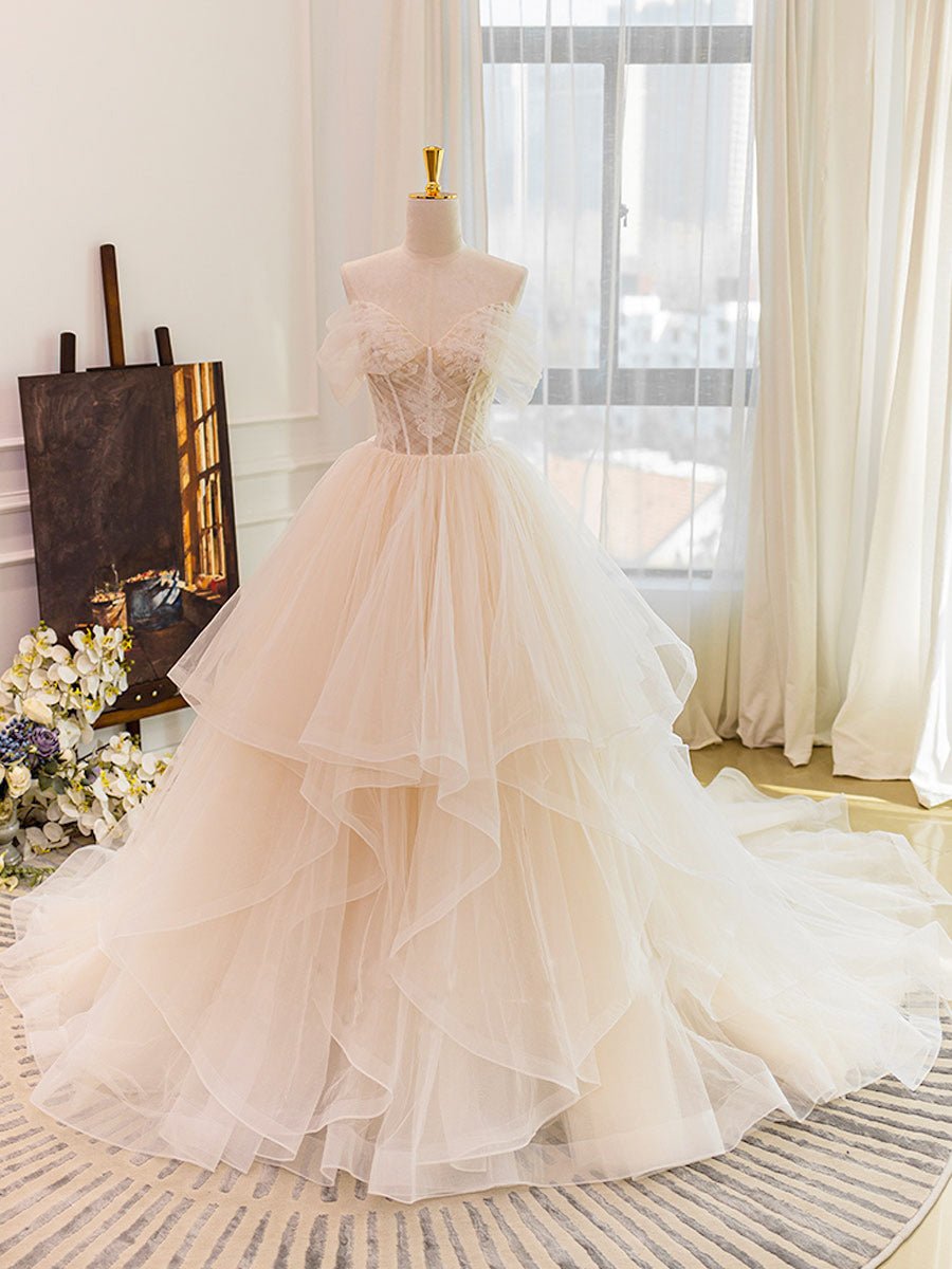 Vivienne | Champagne Tulle Lace Wedding Dress With Sweep Train