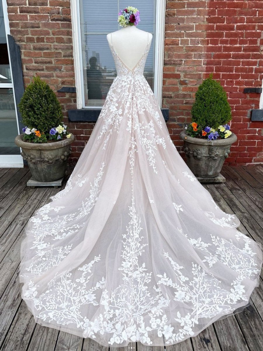 Champagne V Neck Lace Tulle Long Wedding Dress With Lace-Up Back