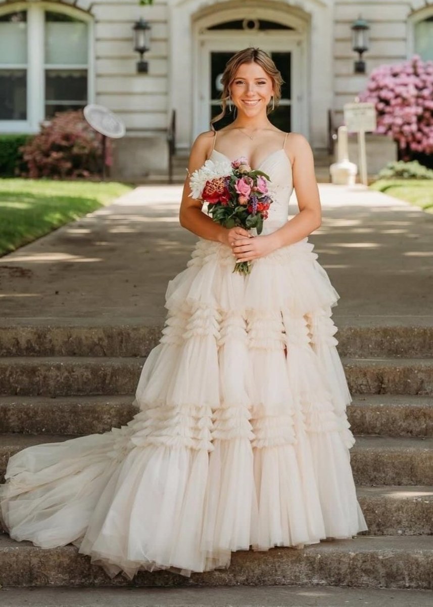 Amanda| A-Line Spaghetti Straps Long Tiered Tulle Prom Dress With Split