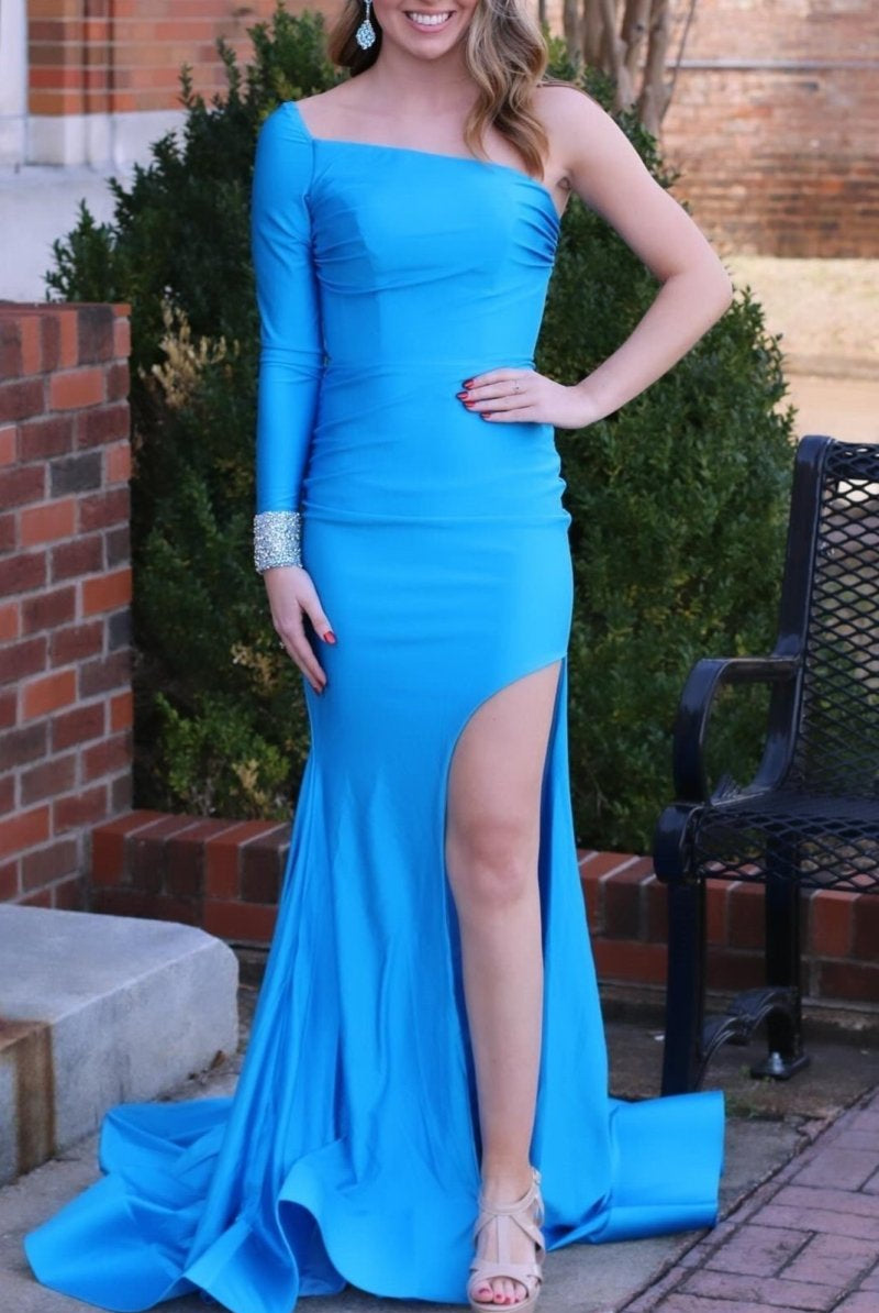 Charee | Blue One - Sleeve Mermaid Long Gown with Slit - KissProm