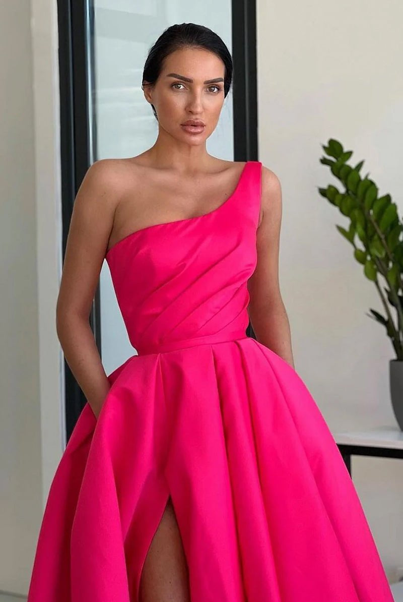 Ariella | Charming A Line One Shoulder Fuchsia Sequins Long Prom Dresses with Slit