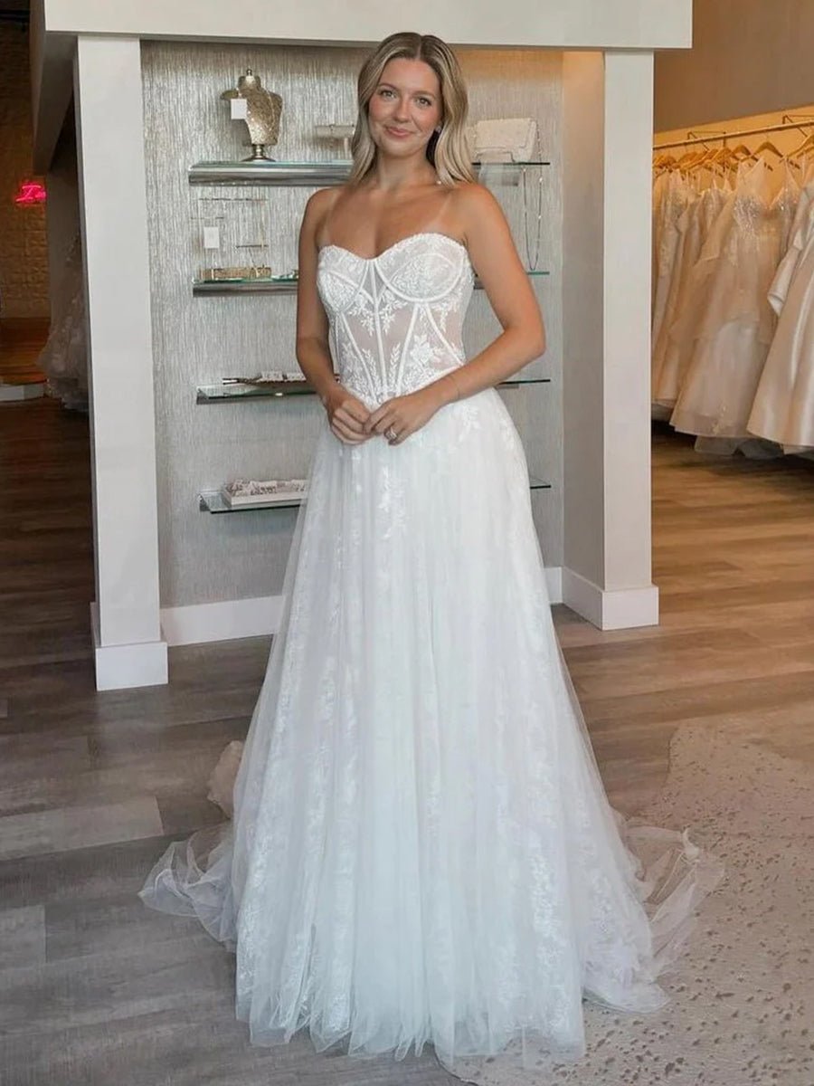 Charming A - Line Strapless Tulle Lace Wedding Dresses - KissProm