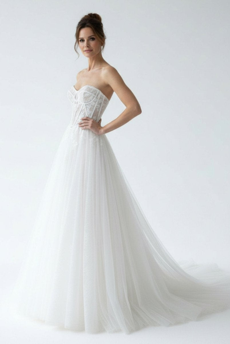 Charming A - Line Strapless Tulle Lace Wedding Dresses - KissProm