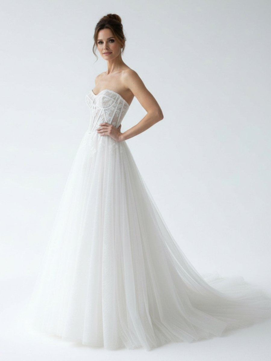 Charming A - Line Strapless Tulle Lace Wedding Dresses - KissProm