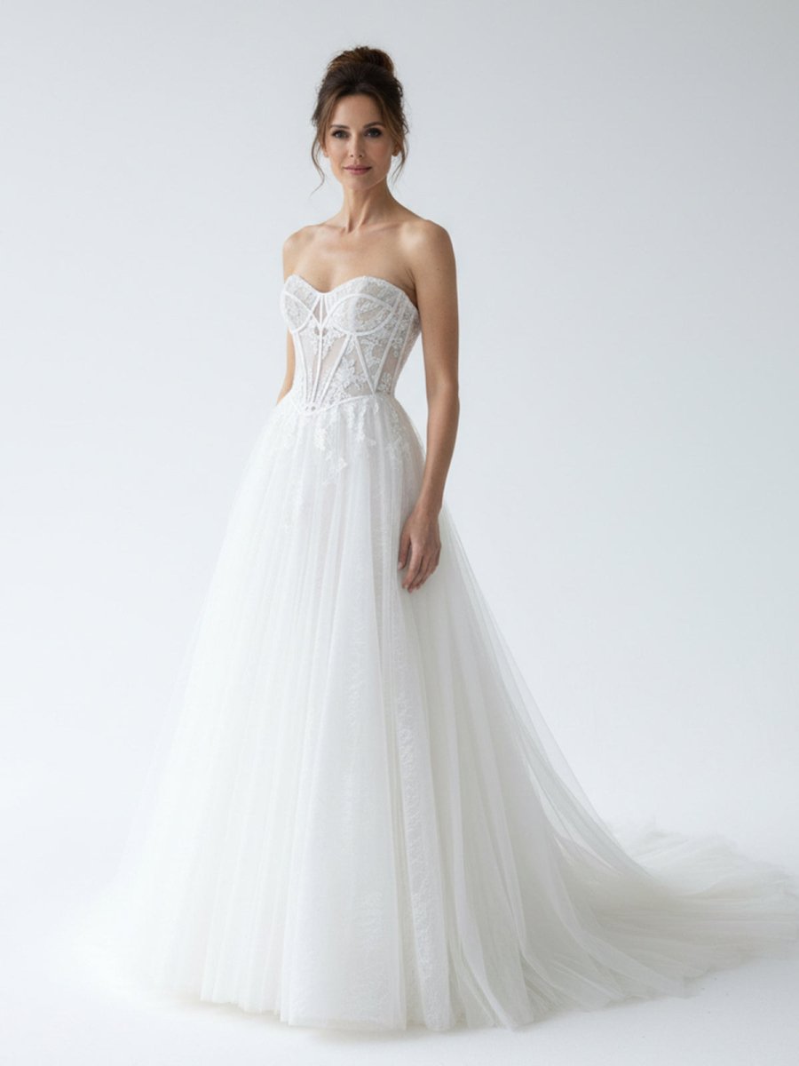 Charming A - Line Strapless Tulle Lace Wedding Dresses - KissProm