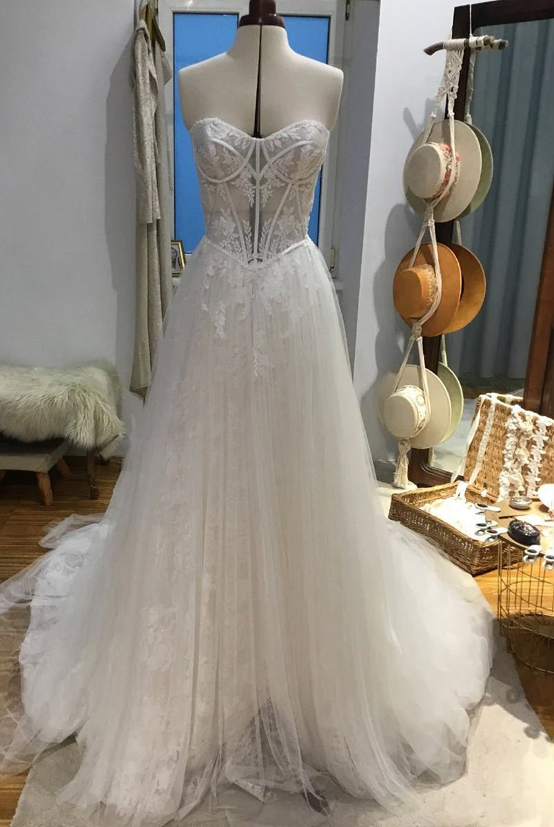 Charming A - Line Strapless Tulle Lace Wedding Dresses - KissProm