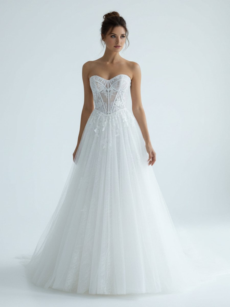 Charming A - Line Strapless Tulle Lace Wedding Dresses - KissProm