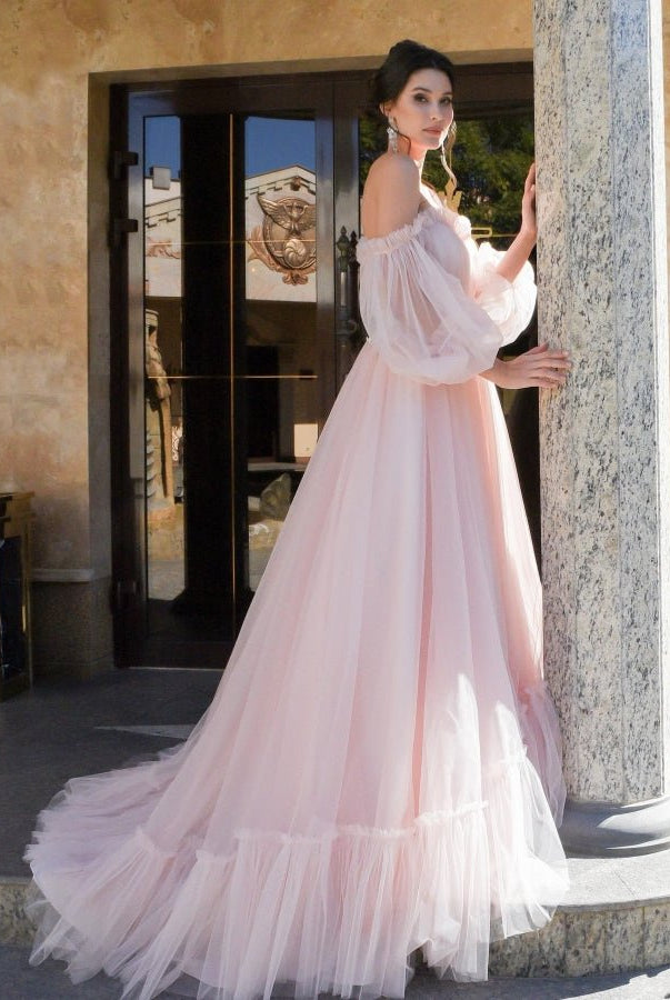 Pink Bohemian Unique Sweetheart Long-Sleeve Wedding Dresses