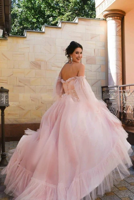 Pink Bohemian Unique Sweetheart Long-Sleeve Wedding Dresses