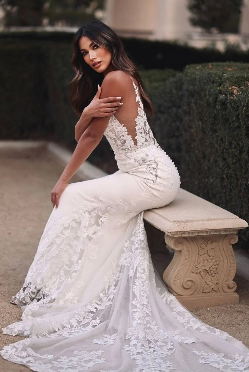 Mermaid V Neck Satin Wedding Dresses with Lace Appliques - KissProm