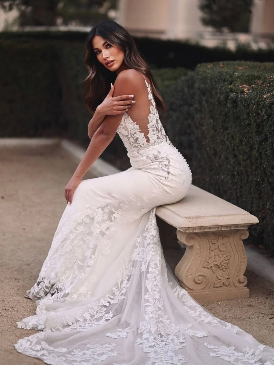 Mermaid V Neck Satin Wedding Dresses with Lace Appliques - KissProm