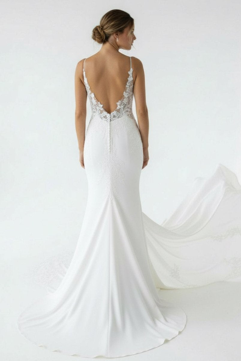 Mermaid V Neck Satin Wedding Dresses with Lace Appliques - KissProm